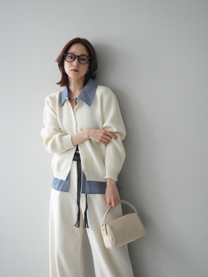 [SET]チェックシャツ襟ニットカーディガン+編み込みベルト付きウエスト配色スエットパンツ(2set)