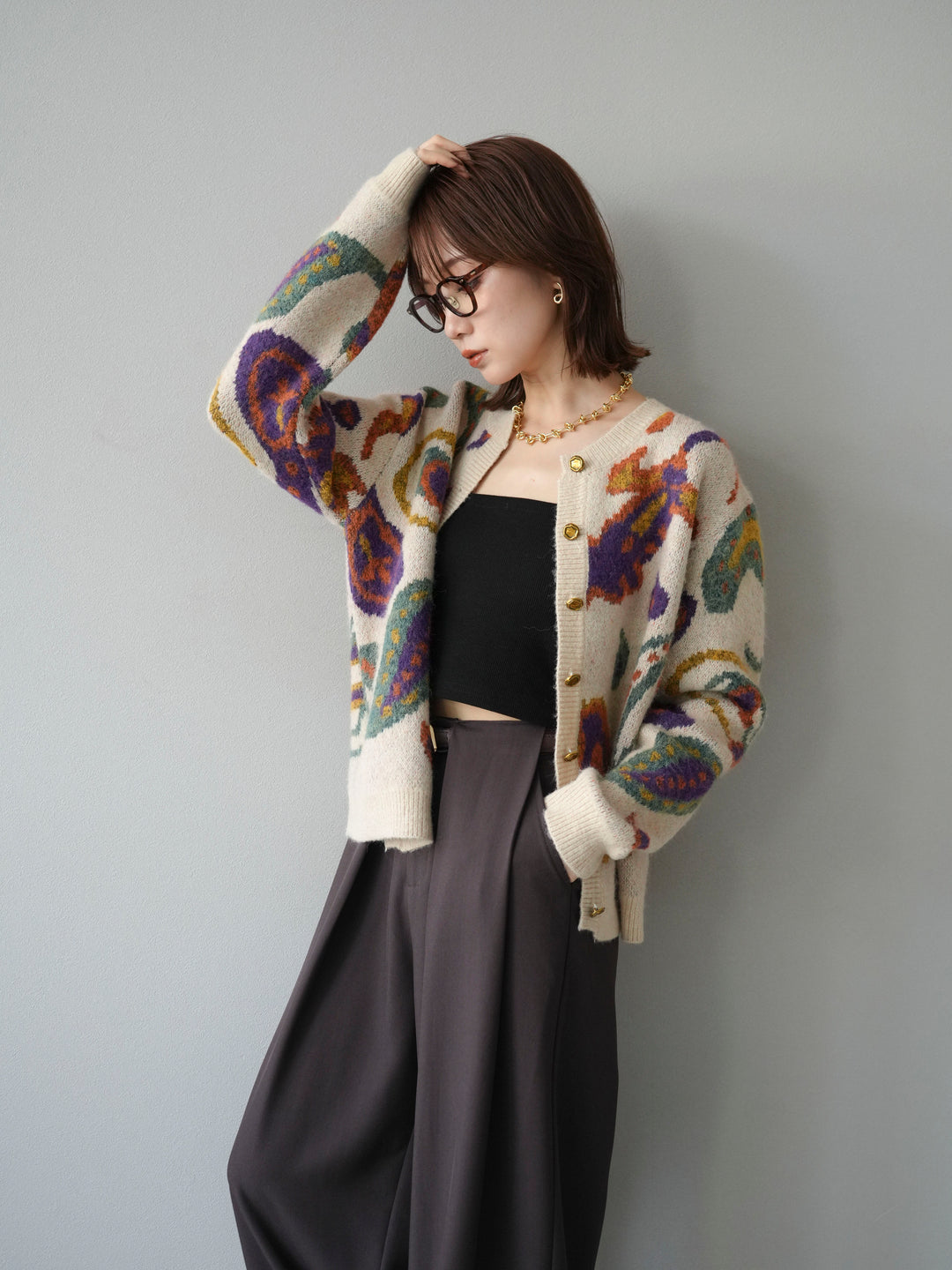 【着回しセット】[SET]求心柄クロップドニットカーディガン+ミックスヤーンペイズリー柄ニットカーディガン+ベルトループデザインワイドパンツ(3set)