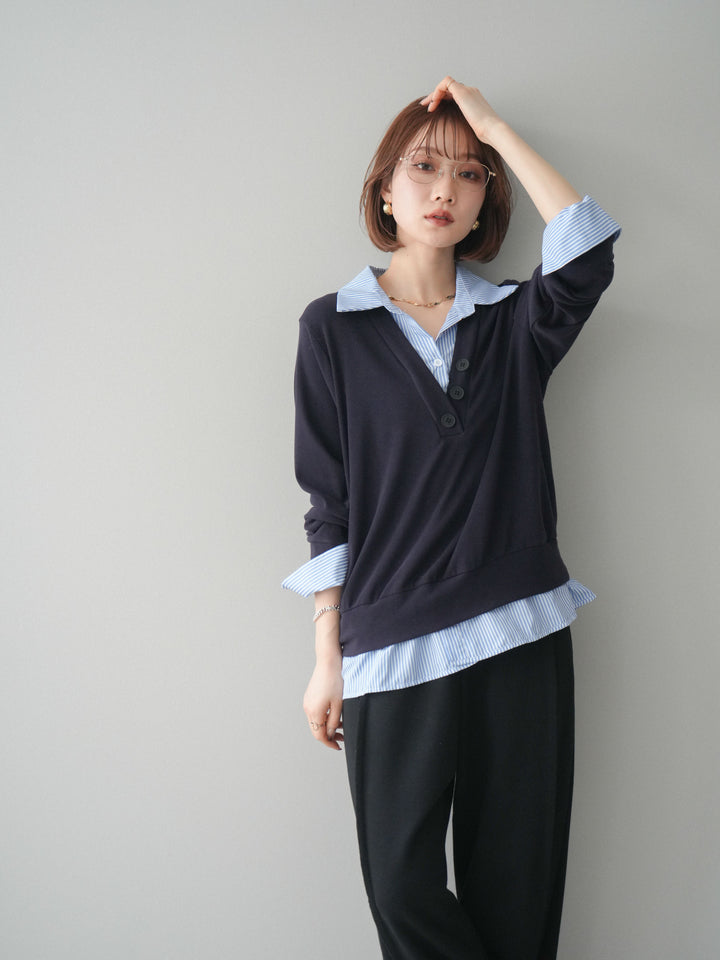 [予約]シャツレイヤードデザインカットプルオーバー/navy