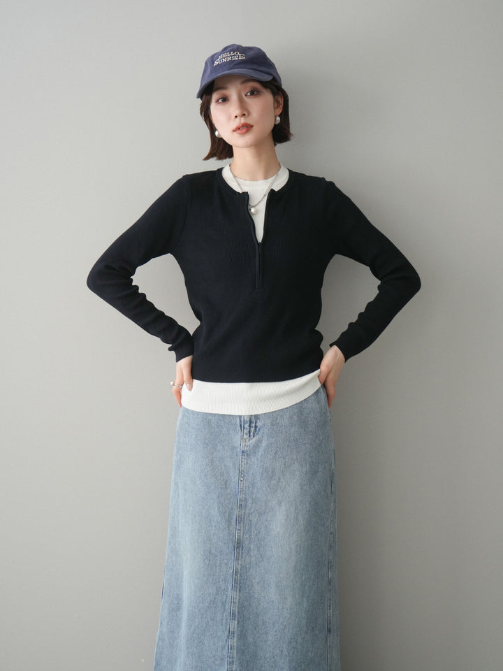 [予約]フロントジップ配色レイヤードニットトップス/navy