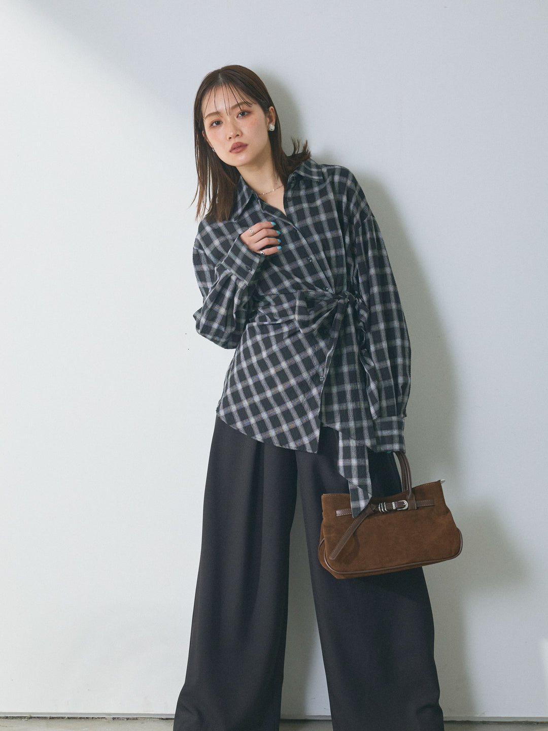 【Allure】[SET]ウエストアシメリボンシャツ+ベルトループデザインワイドパンツ(2set)