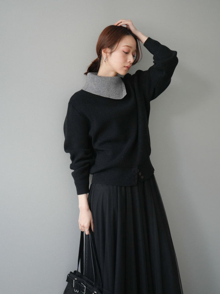 [予約]デザインネックバイカラーニットプルオーバー/black