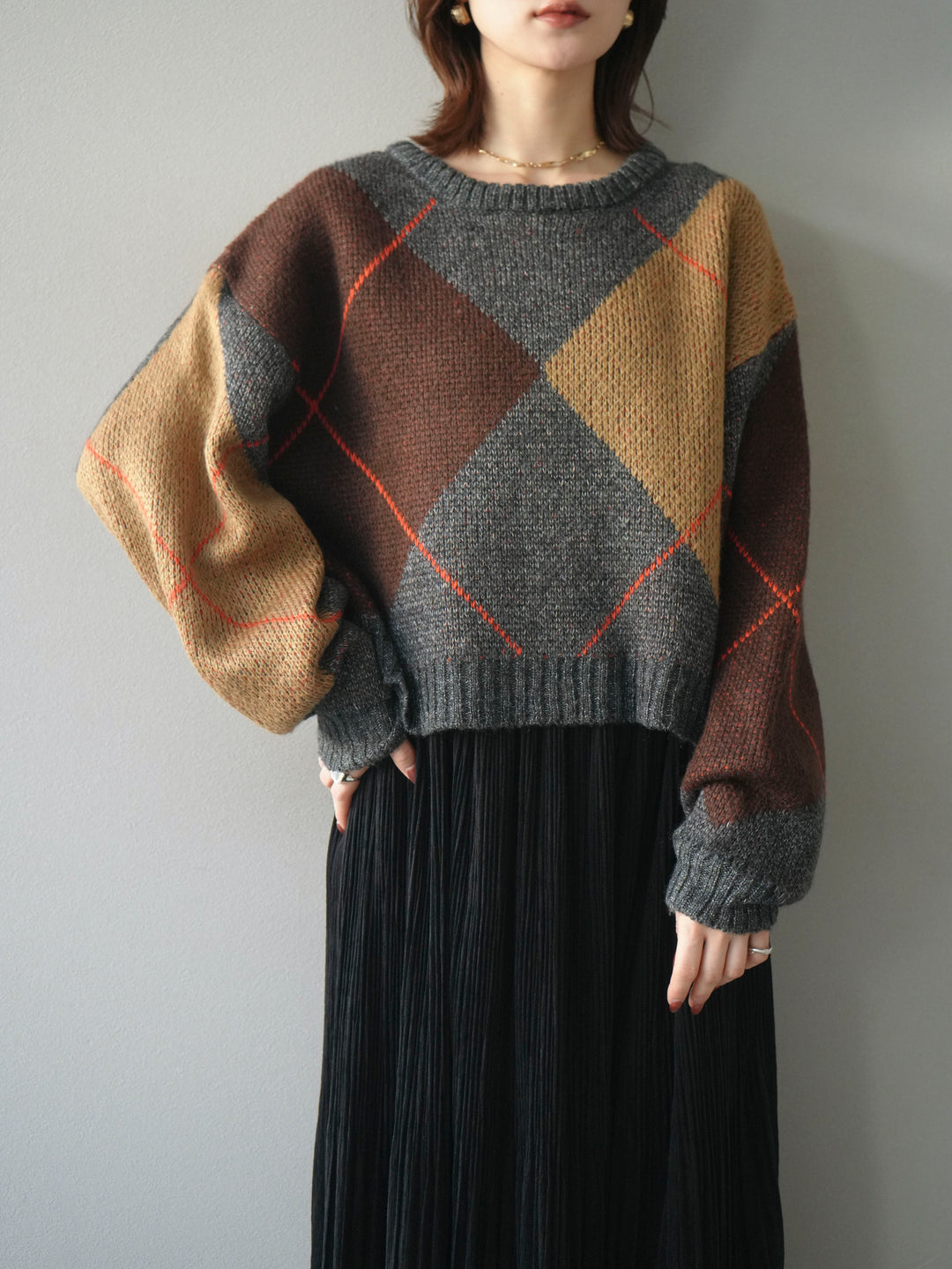 [SET]配色ステッチアーガイル柄ニットプルオーバー+選べるアクセセット(2set)