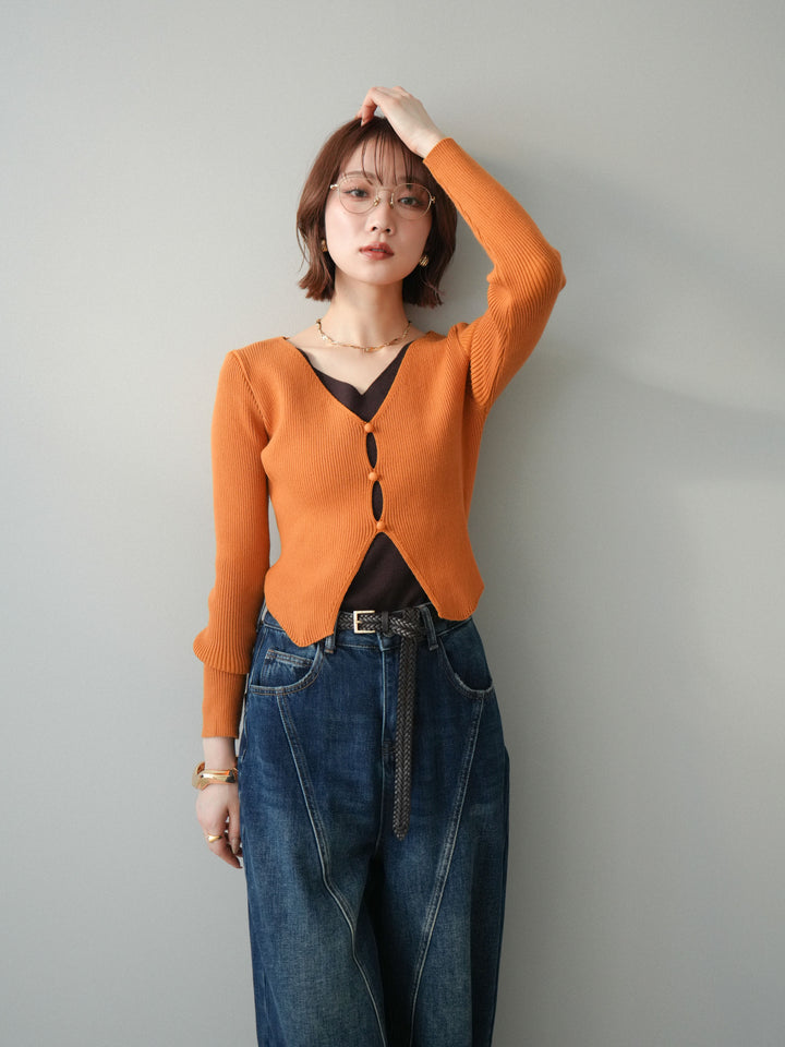 [予約]Vネック配色レイヤードスリットニットトップス/orange