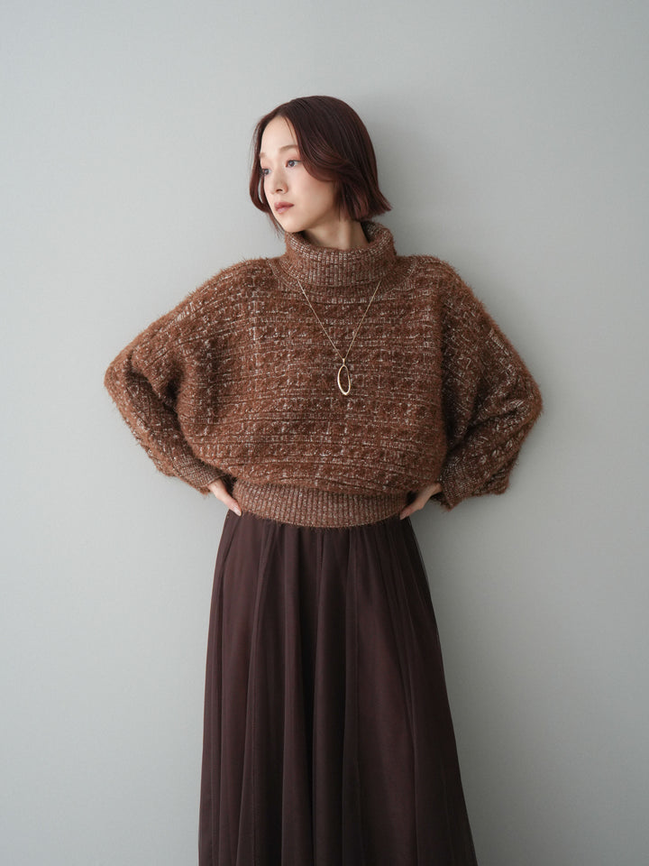 [予約]オフタートルケーブル編みニットプルオーバー/brown
