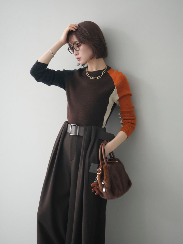 [SET]バイカラーラグランニットトップス+ベルトデザインループウールワイドパンツ(ベルト付)(2set)