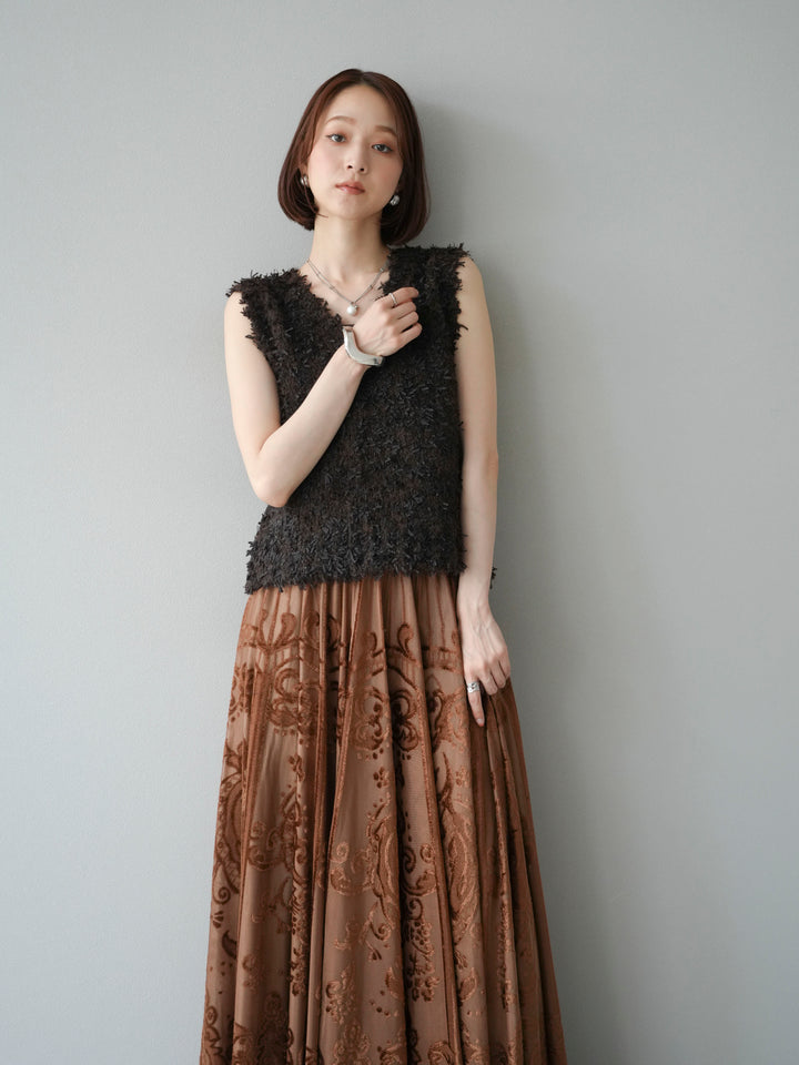 [SET]テープヤーンフリンジニットベスト+アンティーク柄フロッキーマキシスカート(2set)