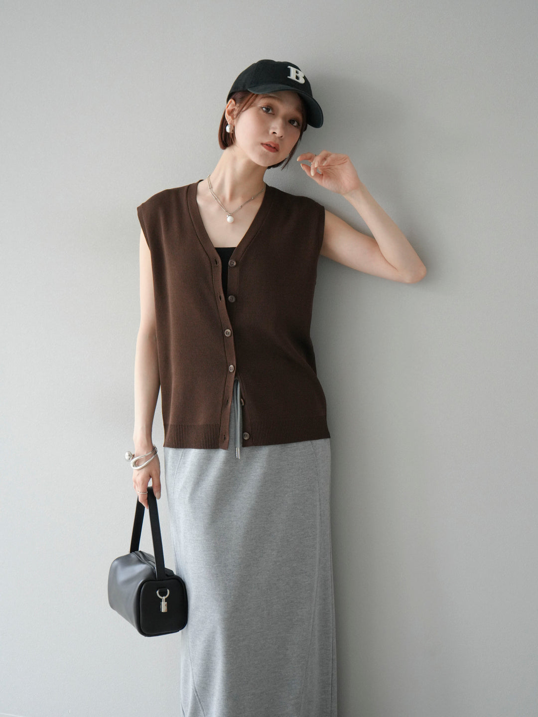 [SET]Vネックレーヨンニットベスト+スウェットロングスカート(2set)