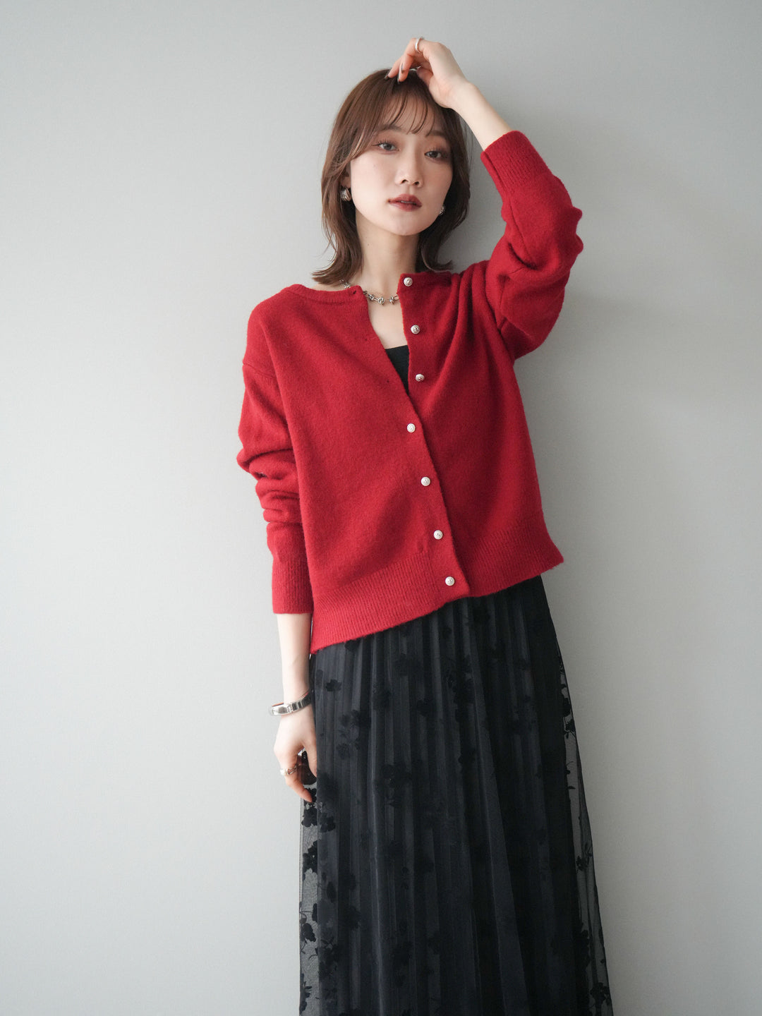 [SET]アンティークボタンニットカーディガン+選べるアクセセット(2set)