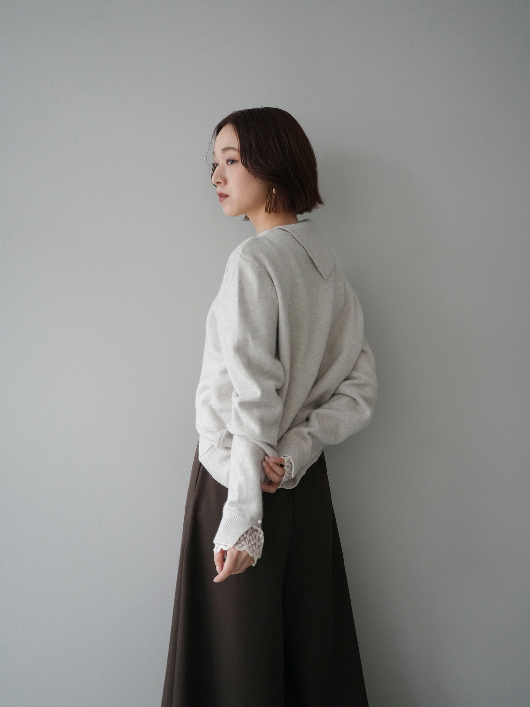 [SET]袖レースパール付き配色ニットトップス+テープベルトタックバギーパンツ(2set)