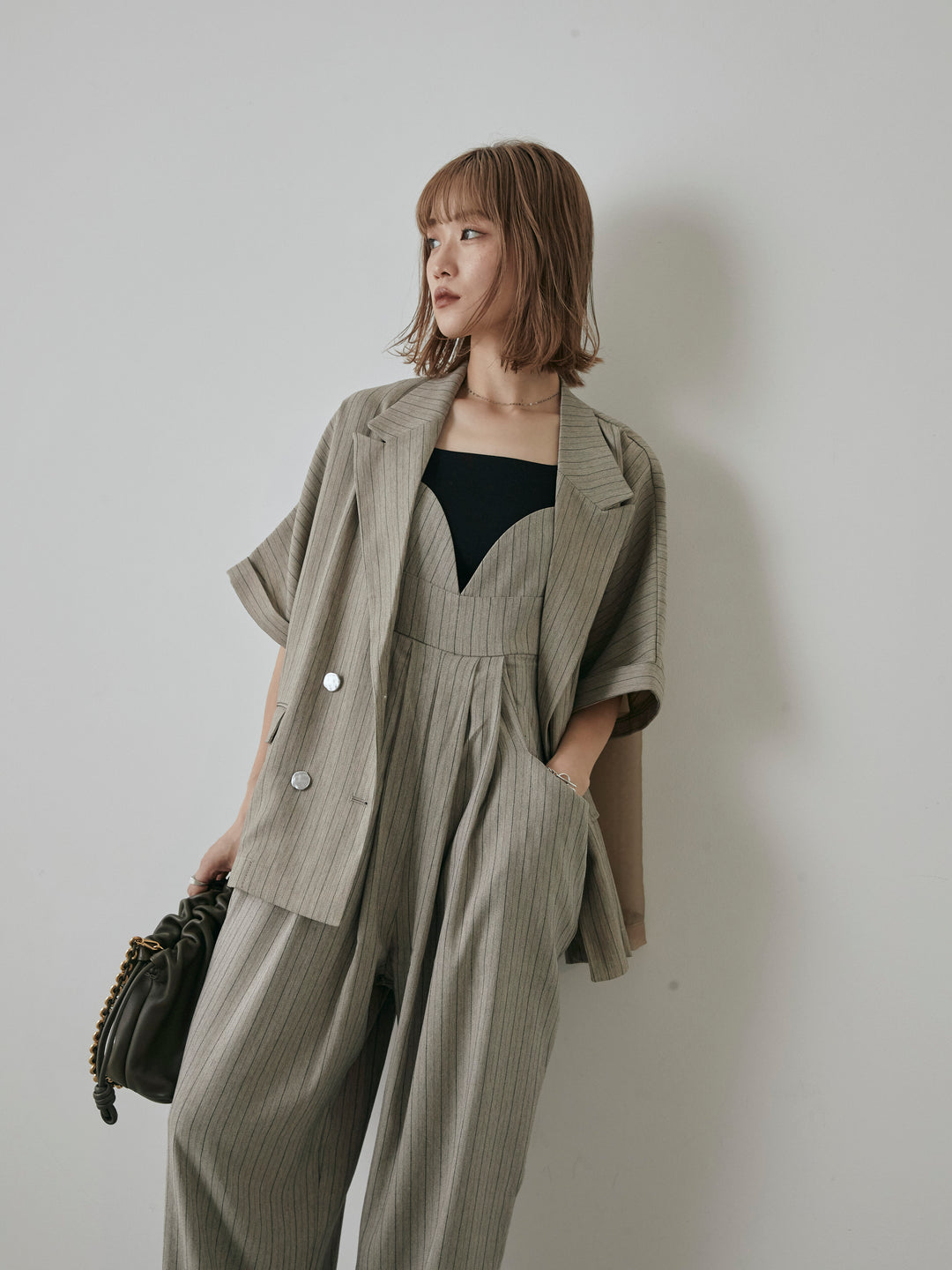 【預購】人字紋條紋工裝褲/米白色