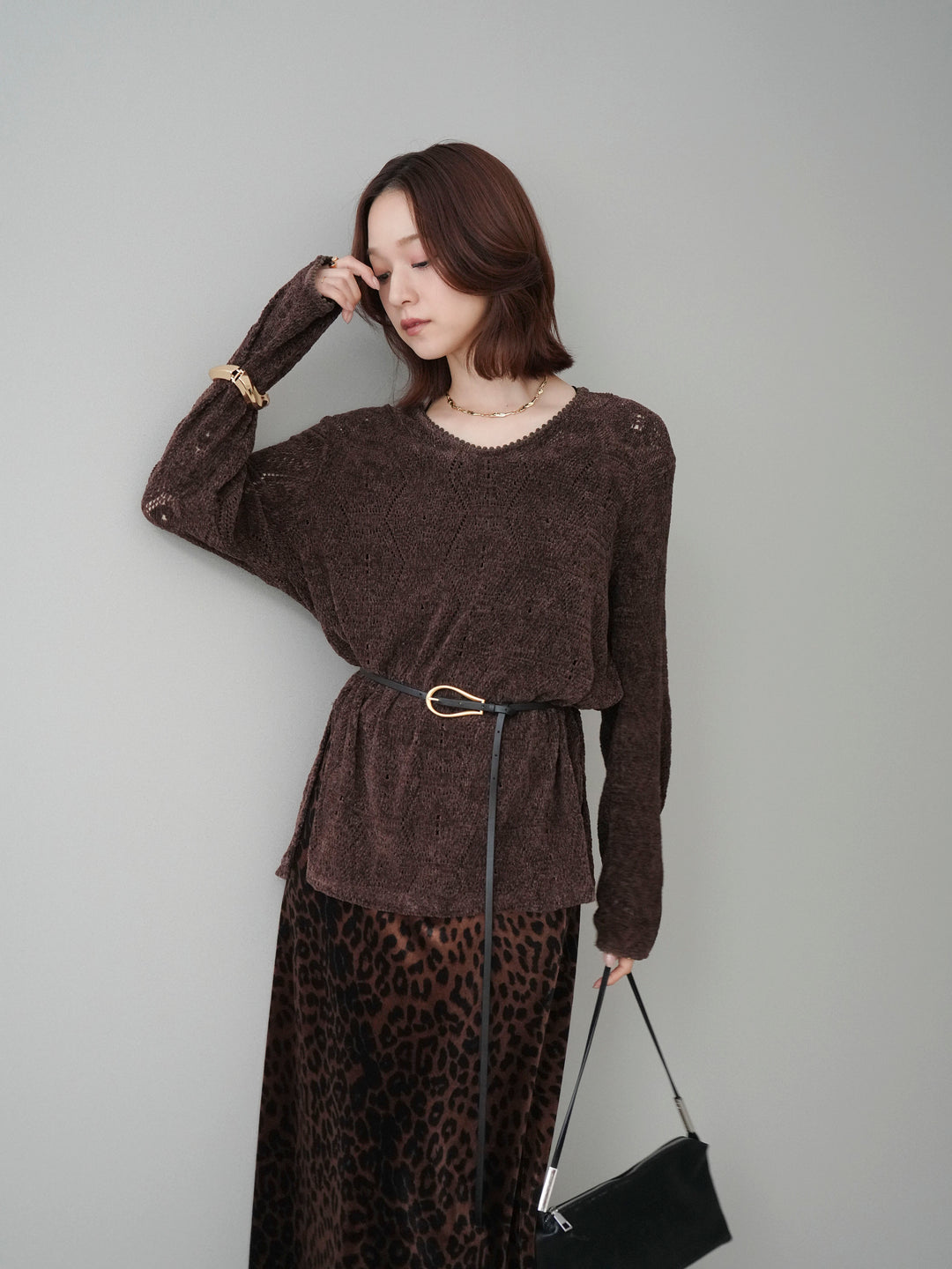 [SET]モール透かし編みニットトップス+レオパードベロアナロースカート(2set)