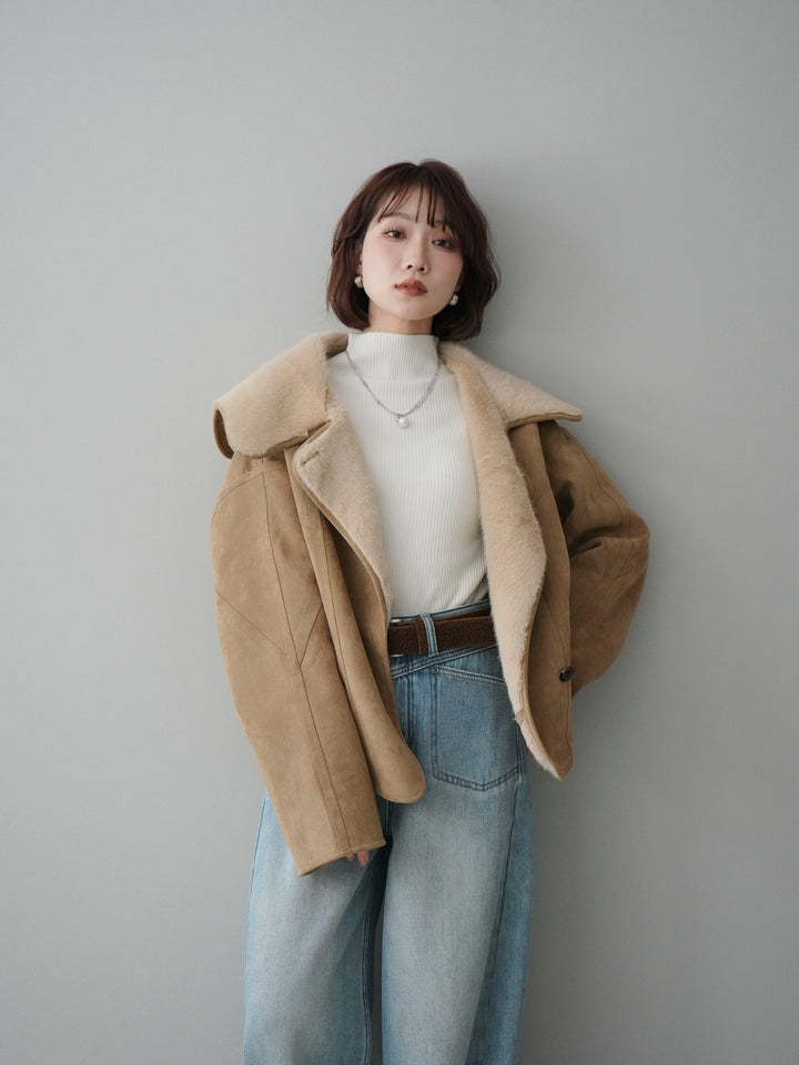 [SET]ムートンショートジャケット+袖ボタンボトルネックリブニットトップス+ベルト付裏起毛カーブデニムパンツ(3set)