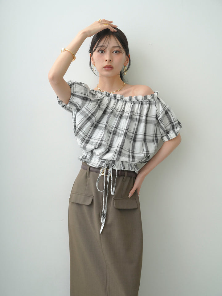 [SET]チェックギャザーオフショルトップス+クレープデシンフラップ付きストレートスカート(2set)