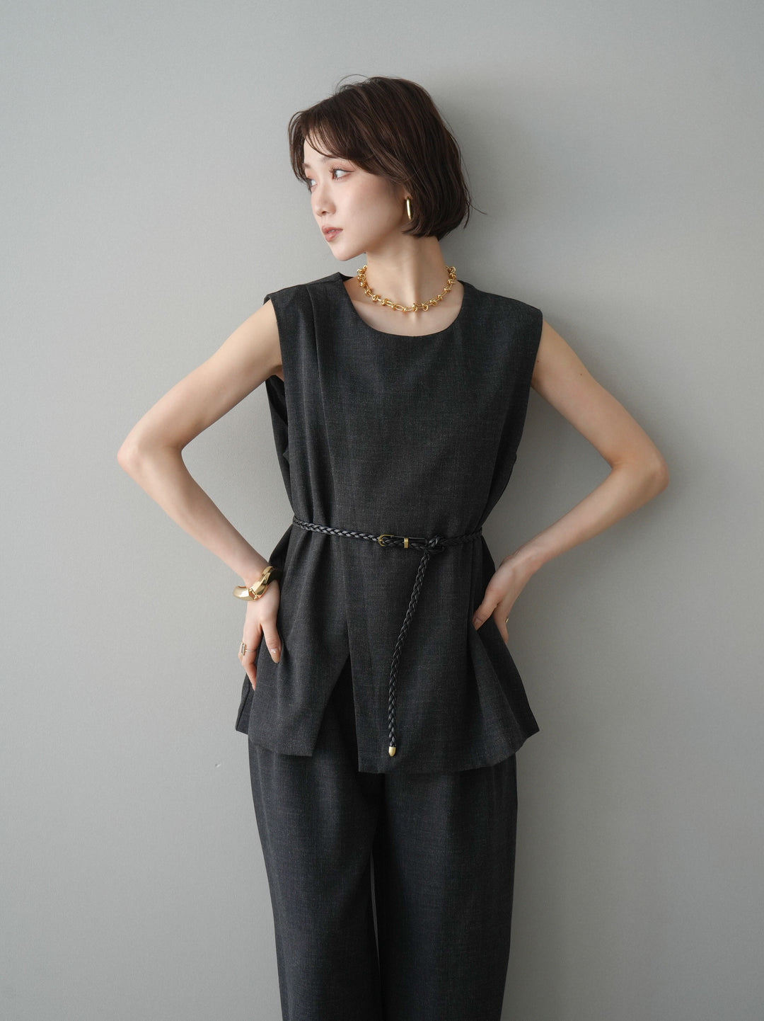 [SET]ベルト付ノースリーブトップス＆ワイドパンツSETUP