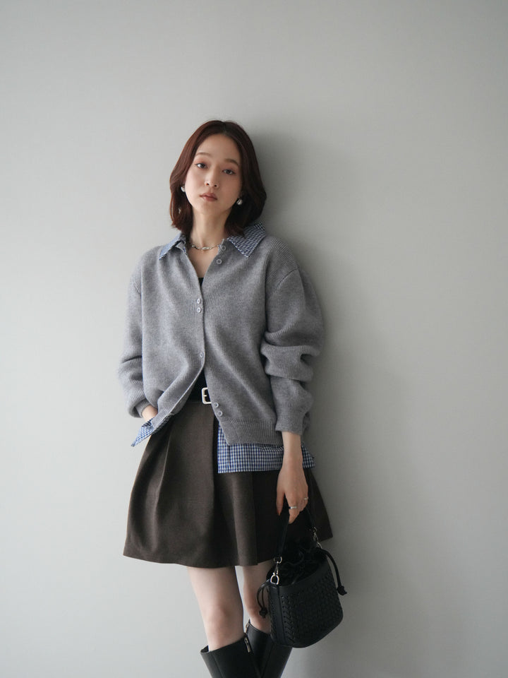 [SET]チェックシャツ襟ニットカーディガン+ベルト付きタックミニスカート(2set)