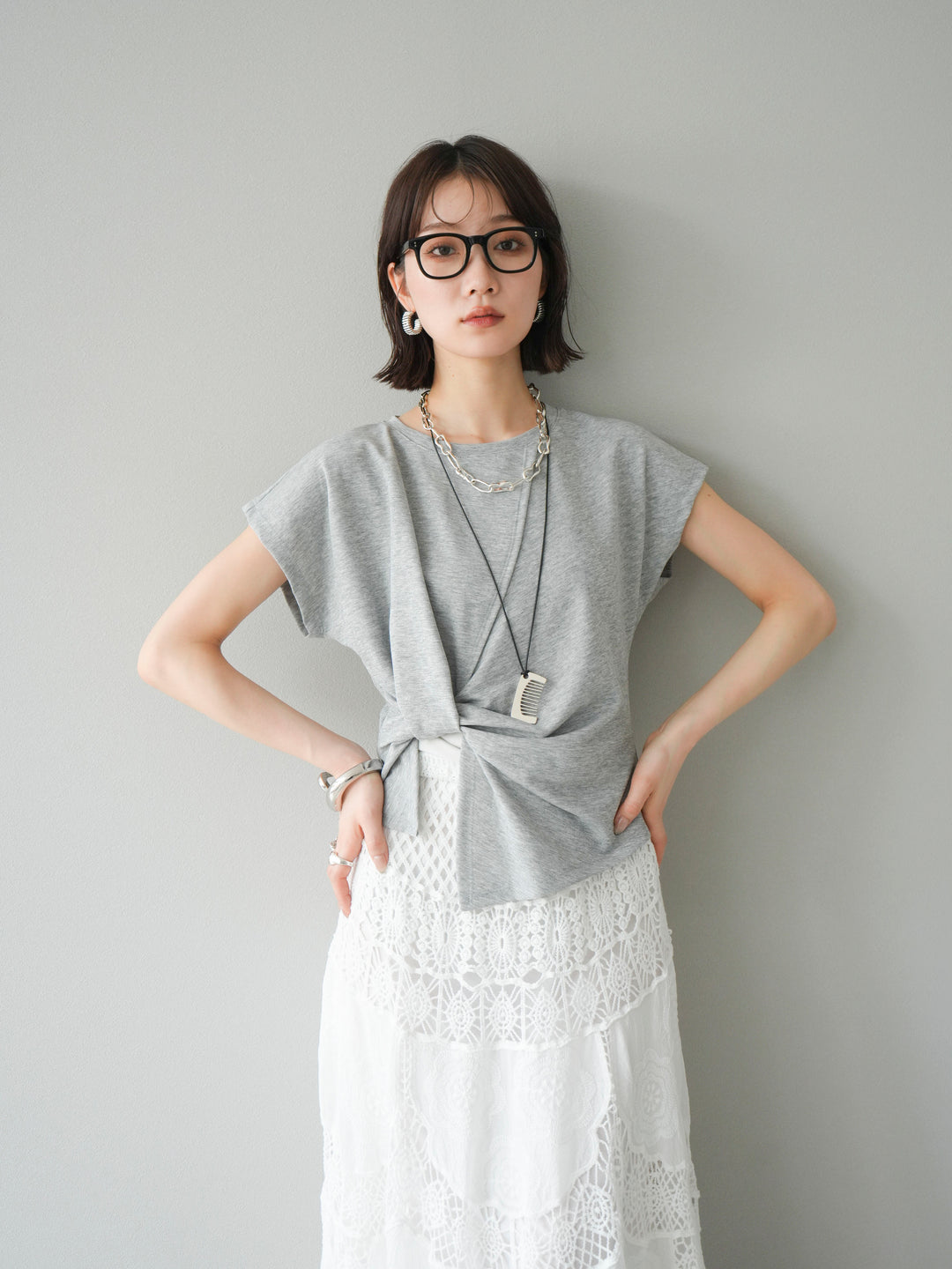 [予約]カシュクールTシャツ＆コームネックレスSET /グレー