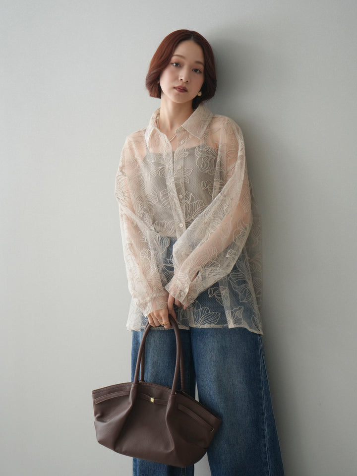 [予約]チュールフラワー刺繍オーバーシャツ/ecru