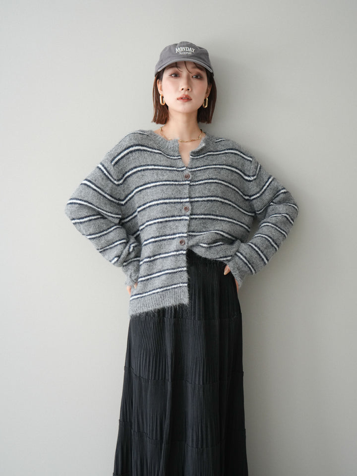 [予約]ボーダーシャギーニットカーディガン/gray
