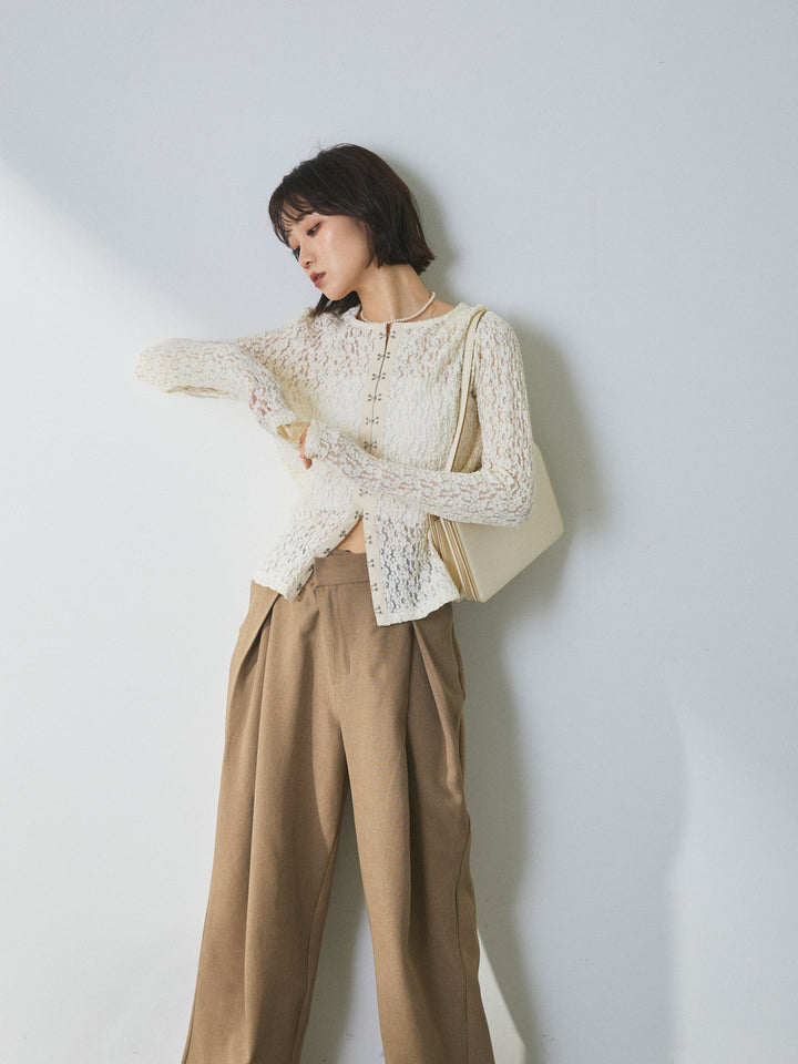 【Allure】[SET]ストレッチレースフロントホックトップス+アシンメトリーウエストタックパンツ(2set)