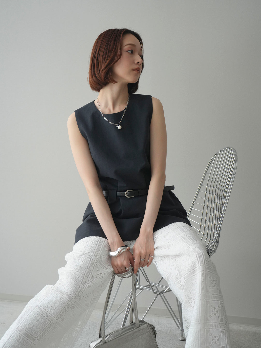 [SET]ベルト付リネンライクノースリチュニック+パネルレースイージーパンツ(2set)