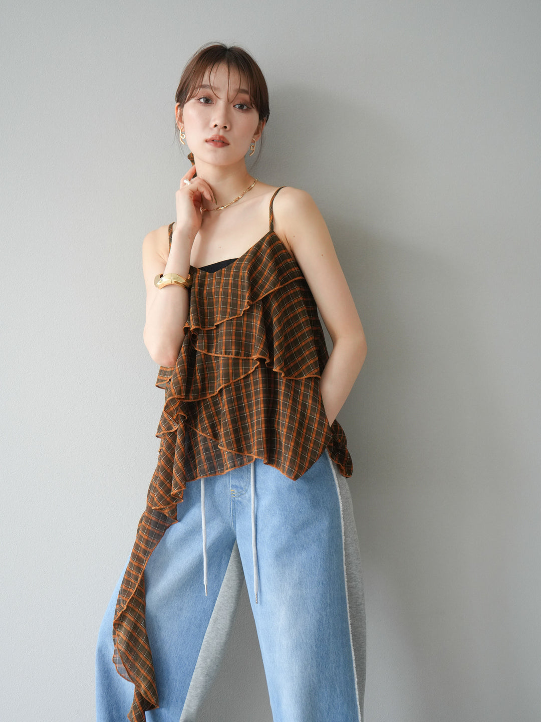 [予約]チェック柄ラッフルキャミソール/ブラウン