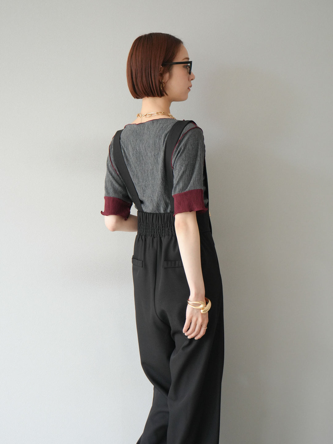 [SET]プリーツ配色ボートネックプルオーバー+ゴールドボタンサスペンダーワイドパンツ(2set)