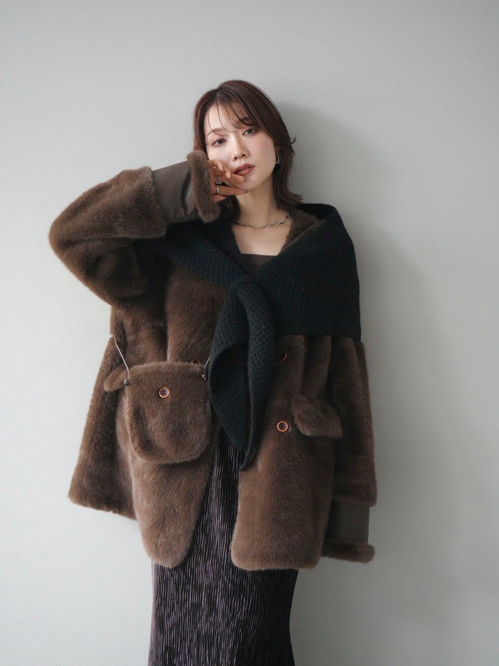 [SET]バッグ付エコファーノーカラーコート+選べるアクセセット(2set)