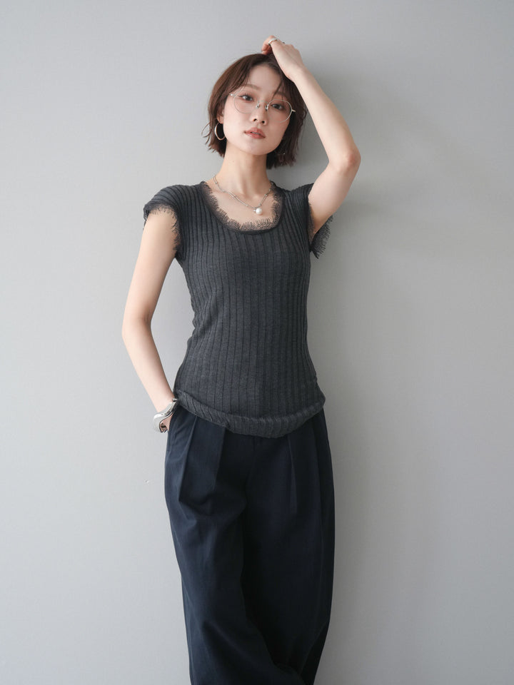 [予約]レーストリムリブニットトップス/charcoal