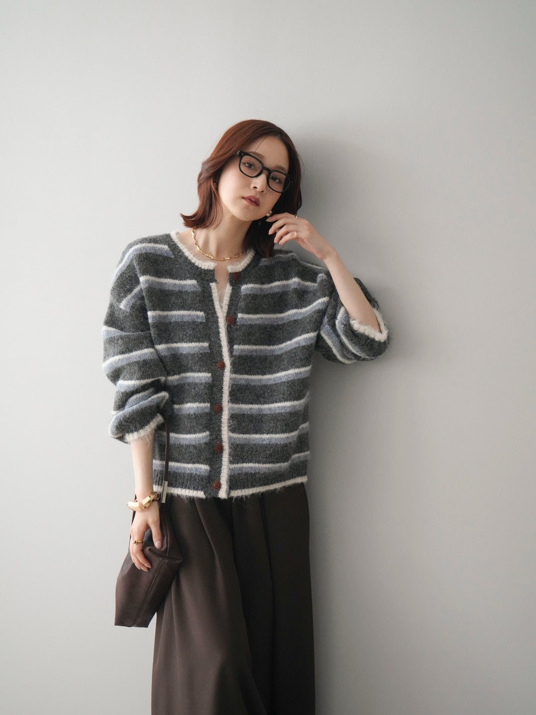 [SET]ウールタッチ配色ボーダーニットカーディガン+テープベルトタックバギーパンツ(2set)