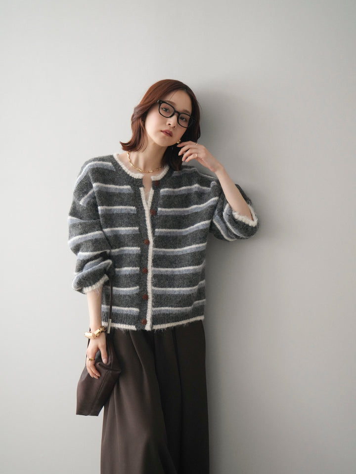 [SET]ウールタッチ配色ボーダーニットカーディガン+テープベルトタックバギーパンツ(2set)