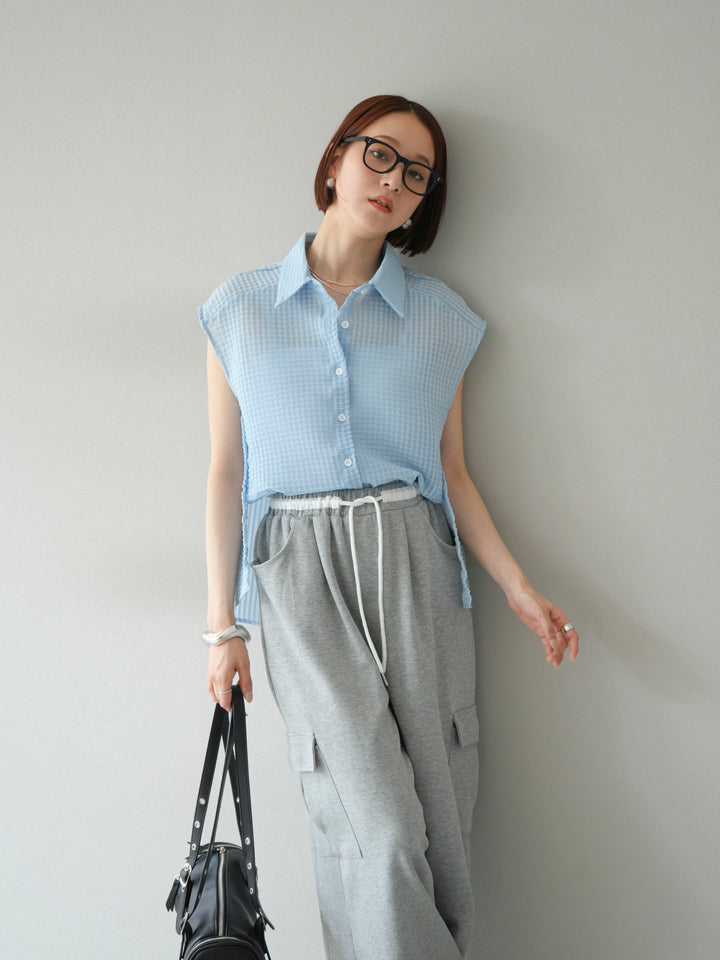 [SET] 透視格紋無袖襯衫 + 透視格紋無袖襯衫 (2 件套)