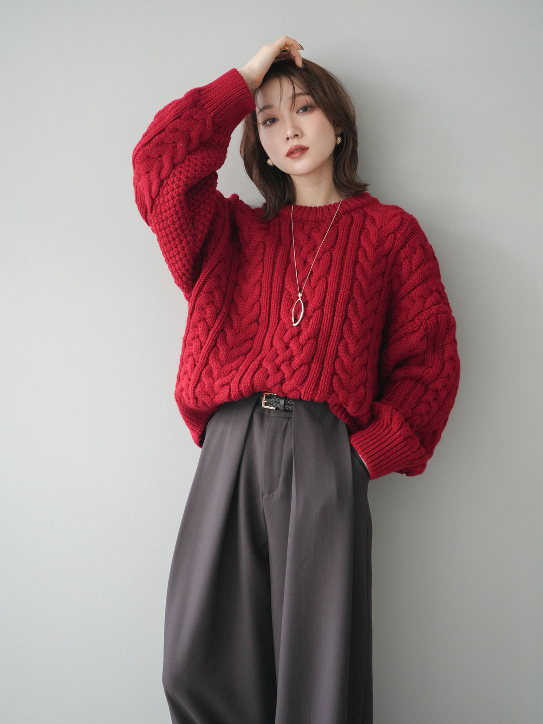 [予約]ボリュームケーブルニットプルオーバー/red