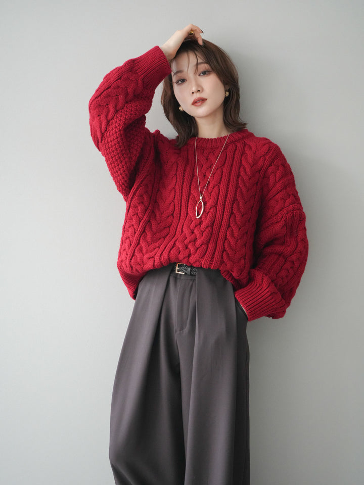 [予約]ボリュームケーブルニットプルオーバー/red