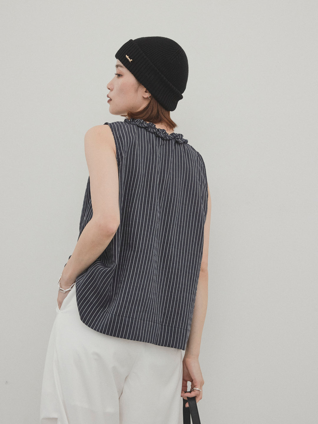 【預購】條紋荷葉邊襯衫/黑色