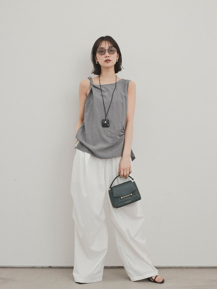 [SET]レザーネックレス付ツイストノースリブラウス+デザインループサイドタックパンツ(2set)