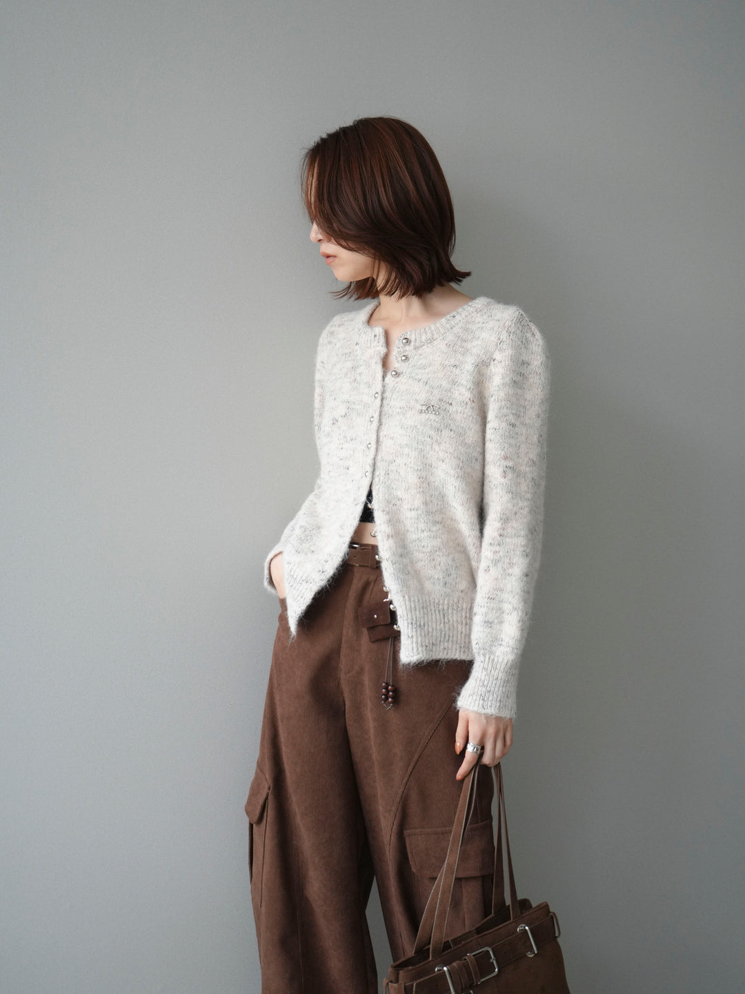 [予約]ブローチ付silverボタンミックスニットカーディガン/beige