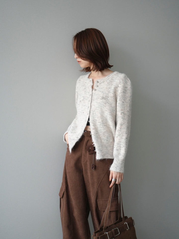 [予約]ブローチ付silverボタンミックスニットカーディガン/beige