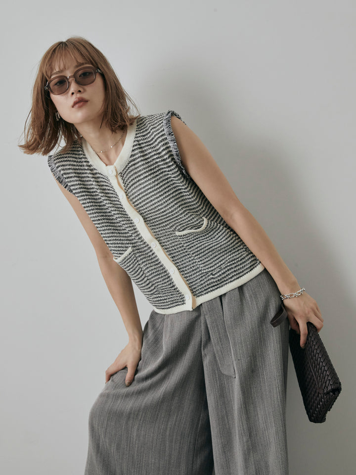 [予約]ボーダー袖フリンジニットベスト/オフ