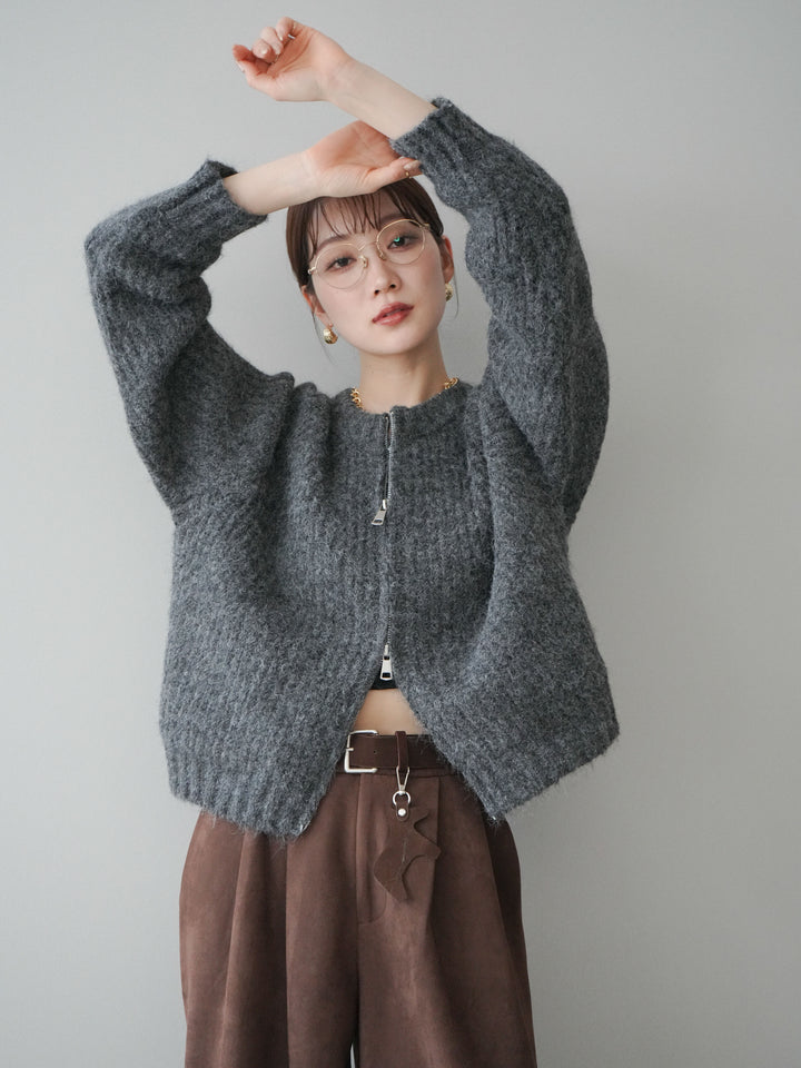 [予約]MIXヤーンモヘアタッチZIPニットカーディガン/gray
