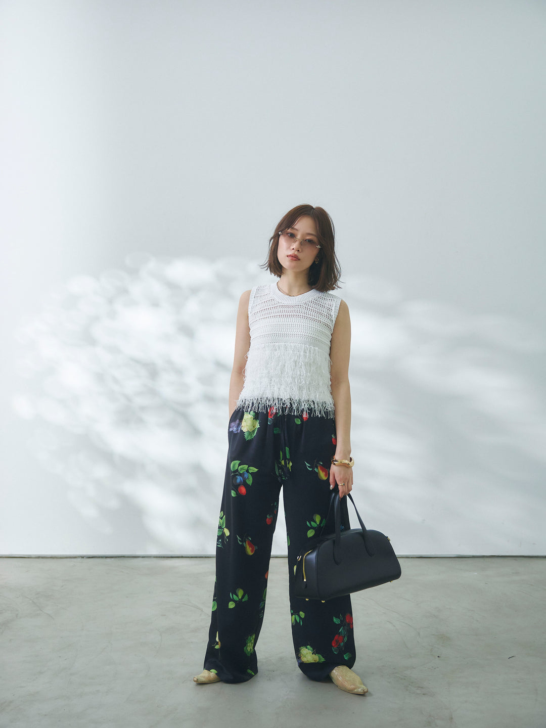 【Allure】[SET]フリンジクロップドニットベスト+ボタニカルプリントイージーパンツ(2set)