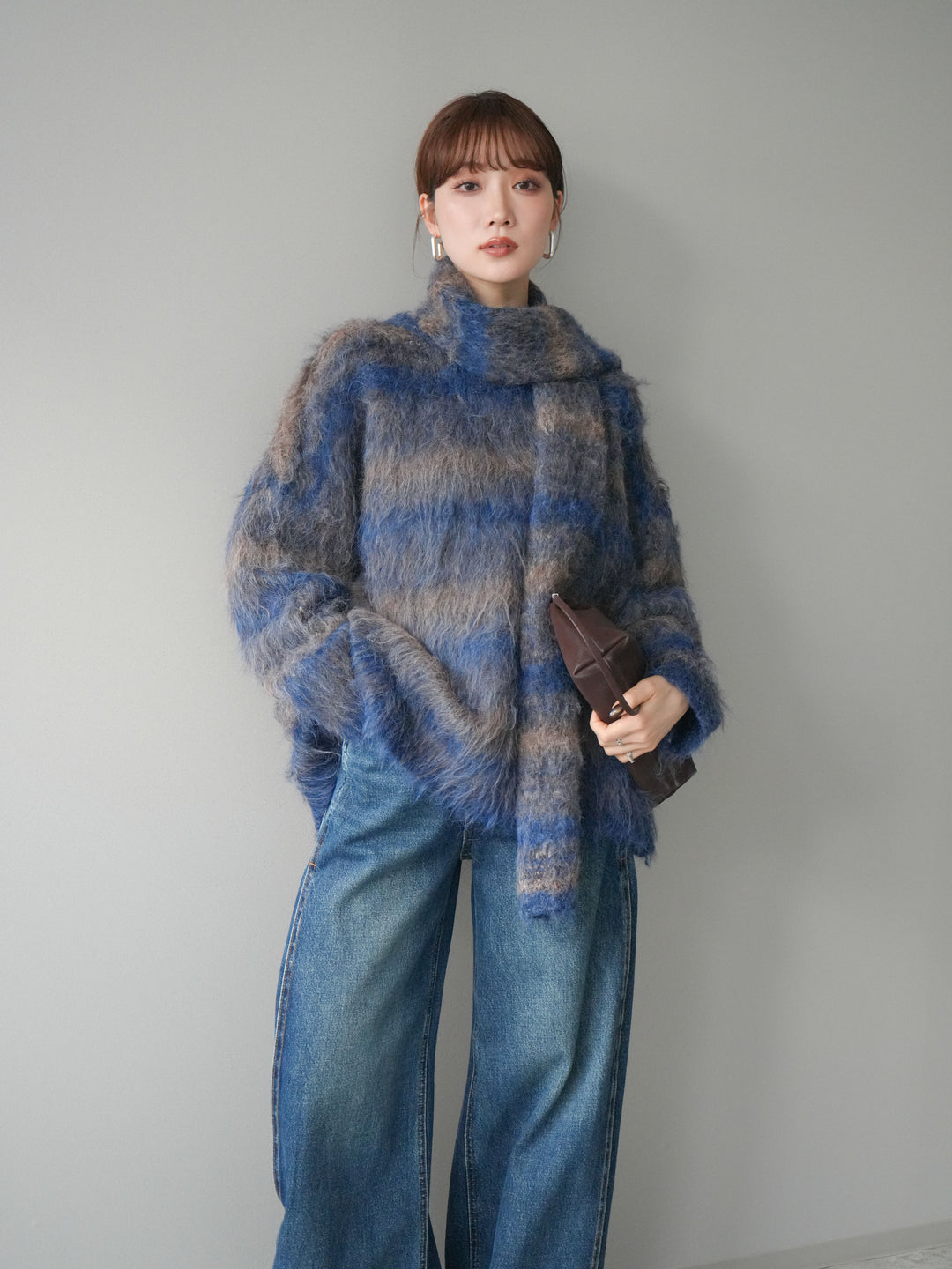 [予約]ストール付シャギーマルチボーダーニットプルオーバー/blue