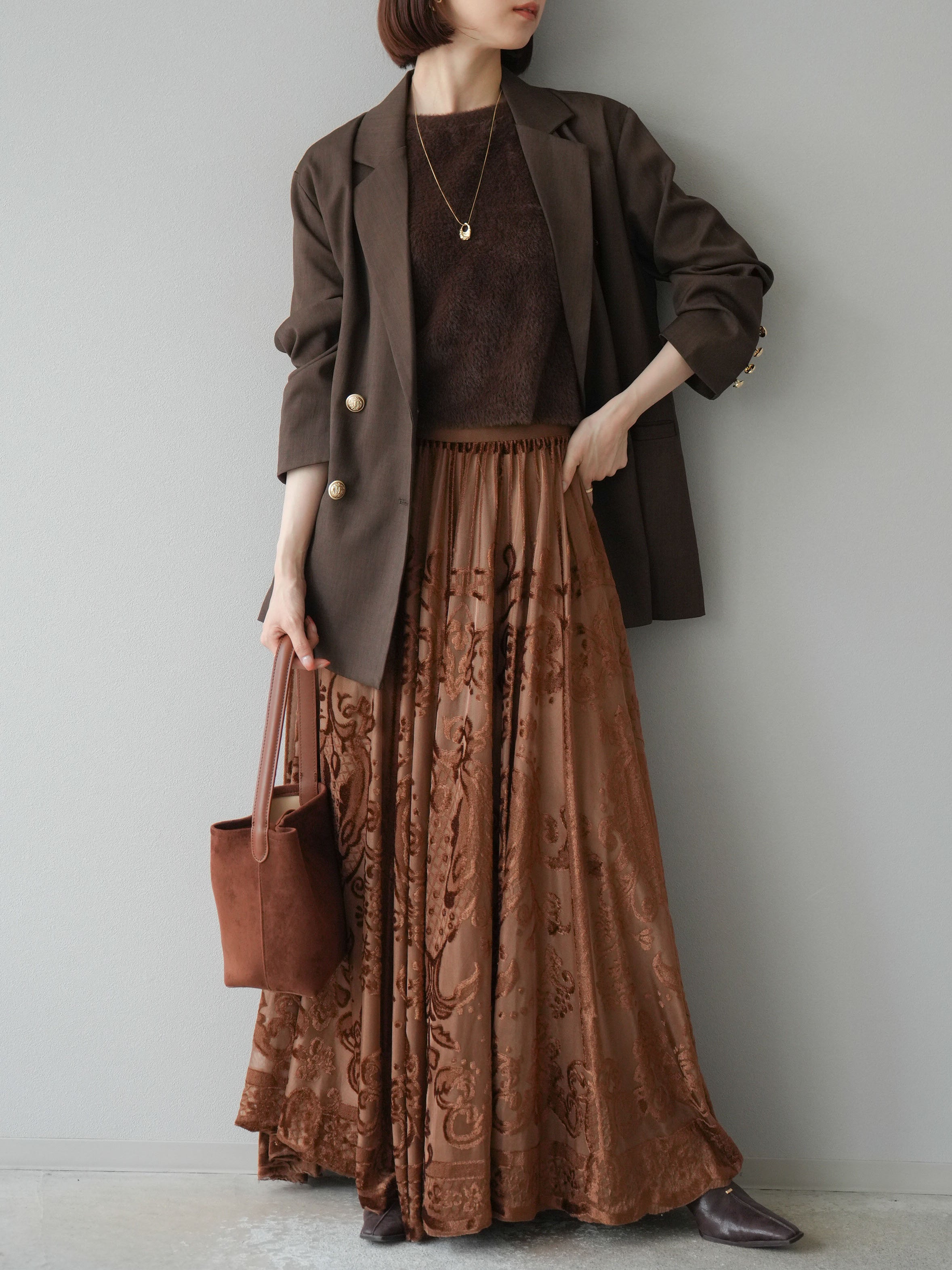 予約]ゴールドボタンツイルダブルテーラードジャケット/ブラウン – Lumier