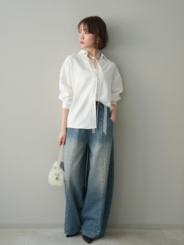 [予約]フロントビジューカーブデニムパンツ/blue