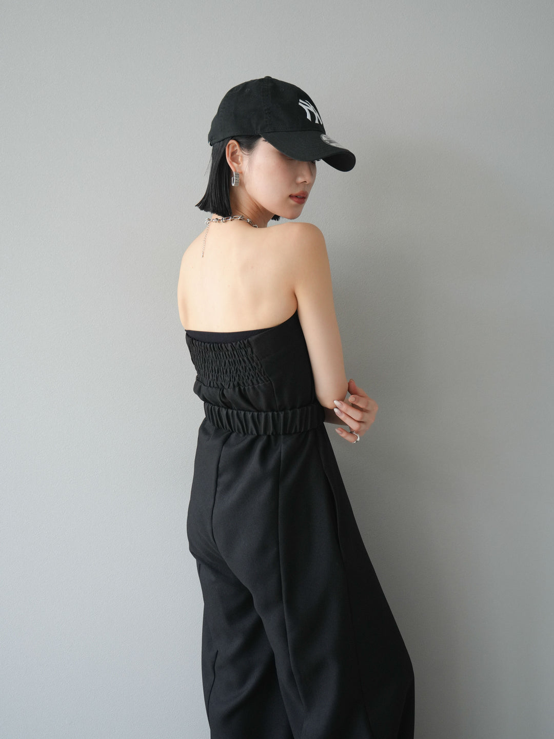 【預購】混色斜紋腰帶熊圖案工裝褲/黑色