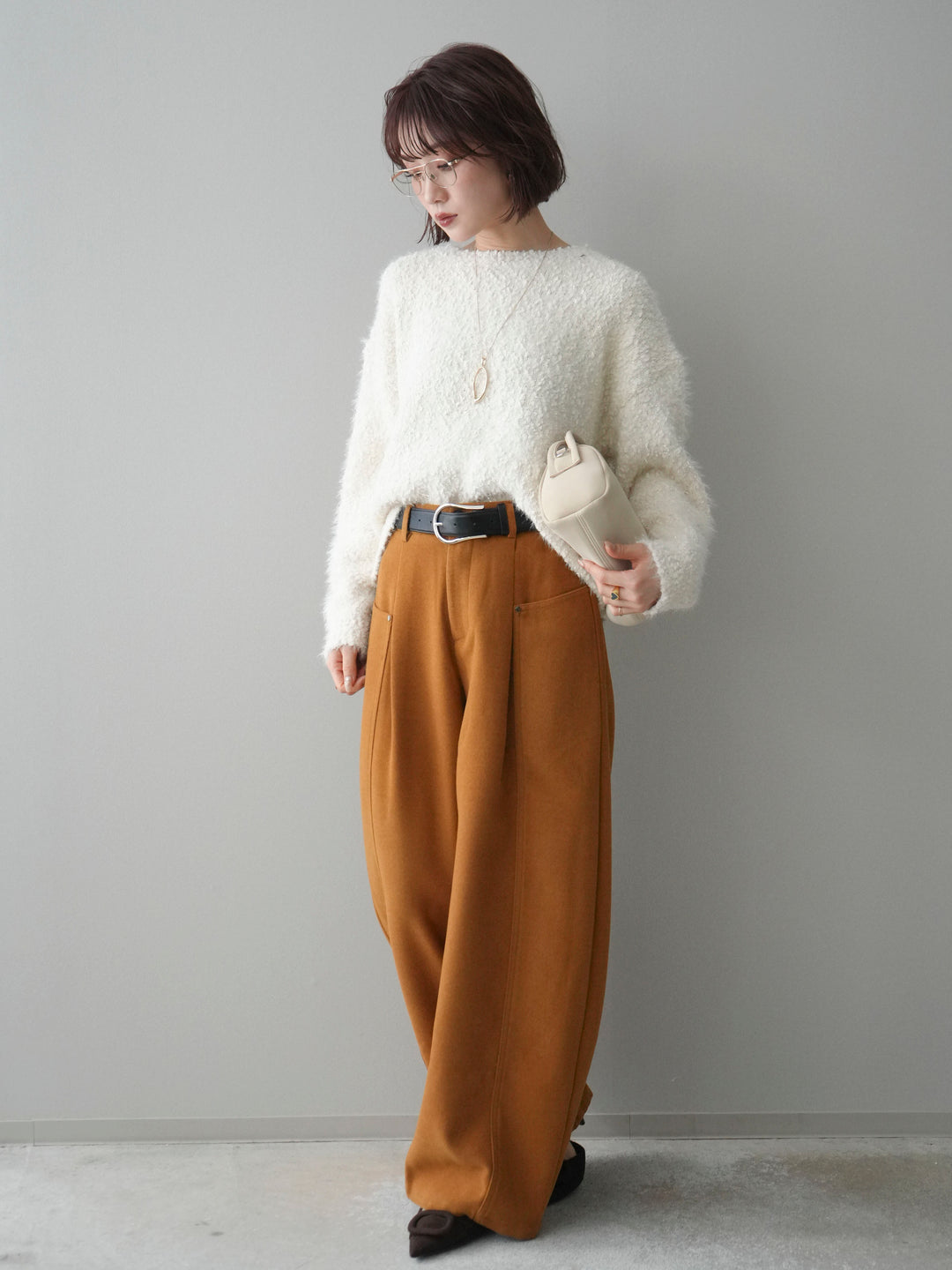 [SET]モールラメミックスヤーンニットプルオーバー+ベルト付起毛コクーンパンツ(2set)