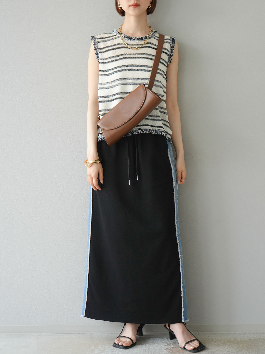 [予約]デニムドッキングスウェットスカート/ブラック