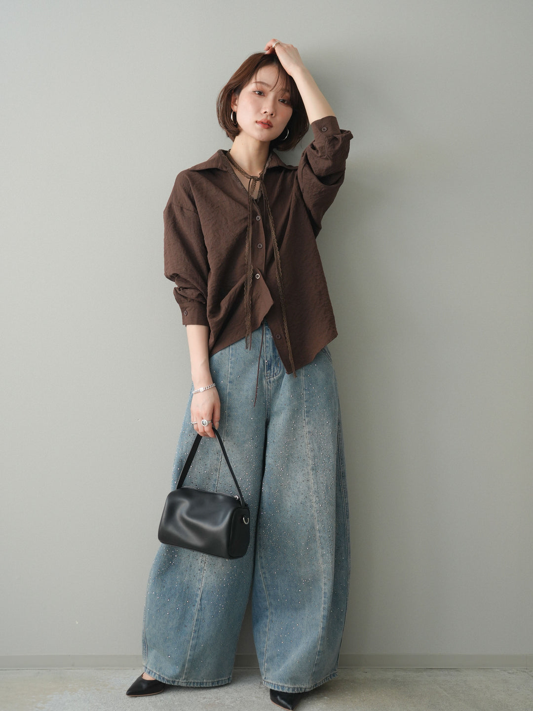 [予約]フロントビジューカーブデニムパンツ/lightblue