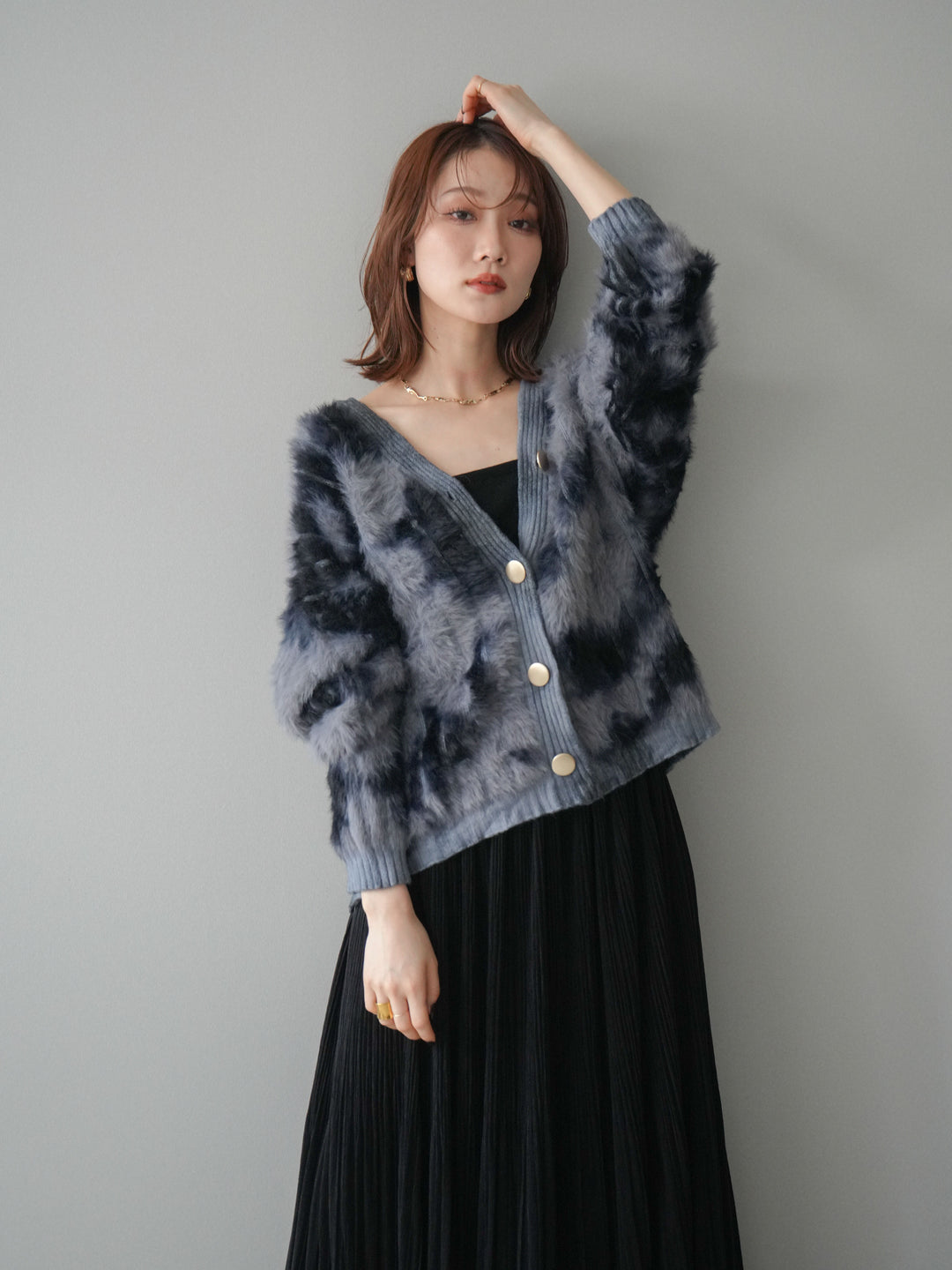 [予約]ニュアンス柄シャギーニットカーディガン/gray