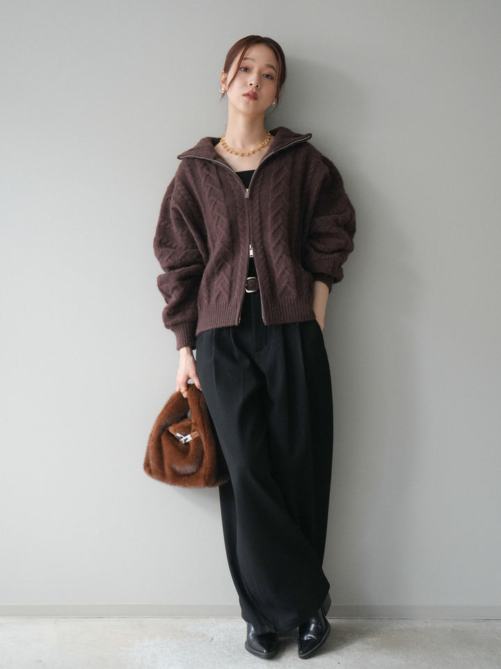 [SET]ケーブル編みハイネックZIPニットカーディガン+アニマル柄ベルト付きウールタッチワイドパンツ(2set)